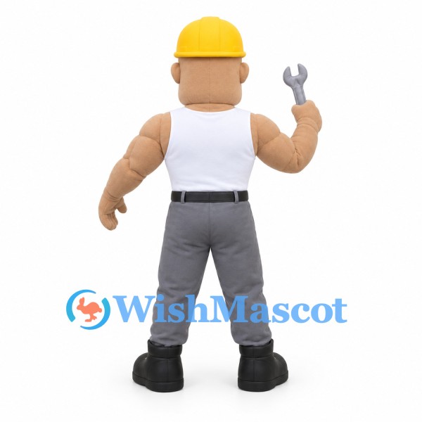 Builder Mascot Costume with Yellow Hard Hat and White Tank Top