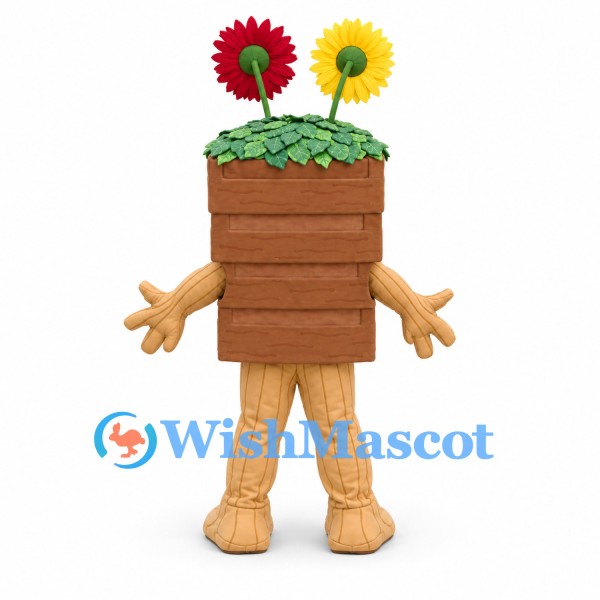 Flower Planter Mascot Costume with Wooden Box and Tall Flowers