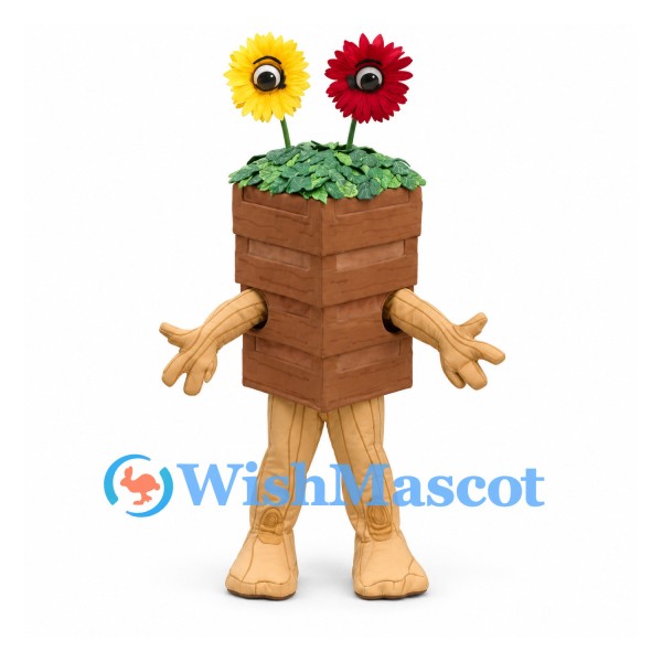 Flower Planter Mascot Costume with Wooden Box and Tall Flowers