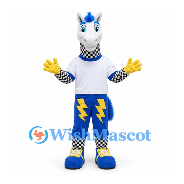 Horse Mascot Costume with Blue Lightning Shorts and White Shirt