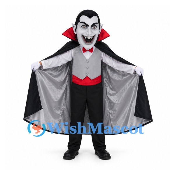 Vampire Mascot Costume with Black Cape and Red Collar