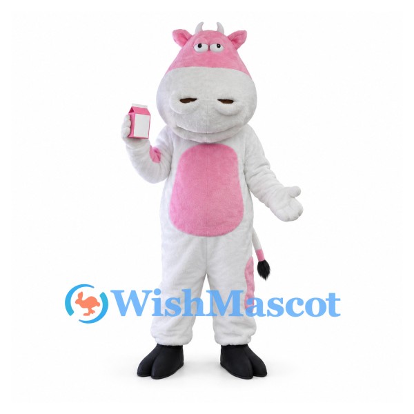 Cow Mascot Costume in White and Pink with Pink Belly