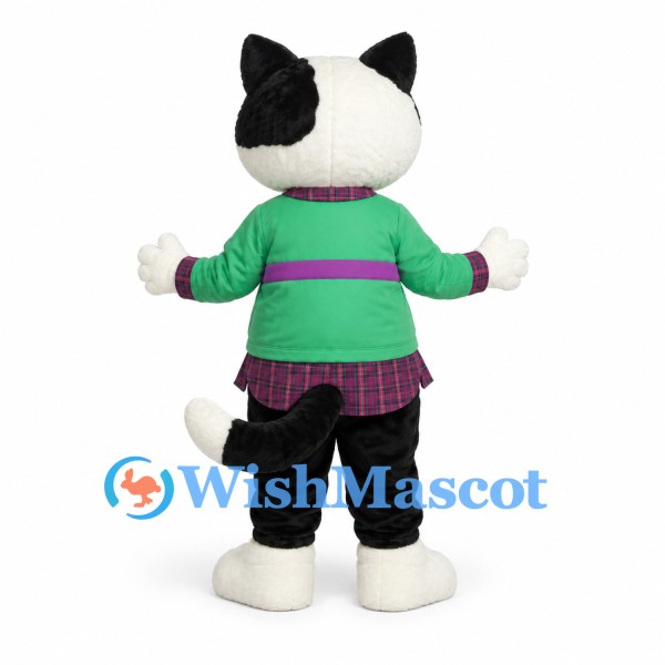 Cat Mascot Costume with Green Shirt and Tartan Skirt
