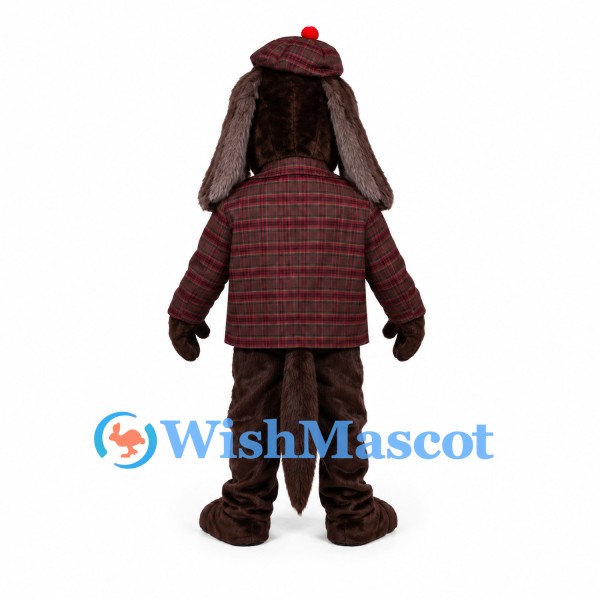 Dog Detective Mascot Costume with Burgundy Plaid Coat and Cap