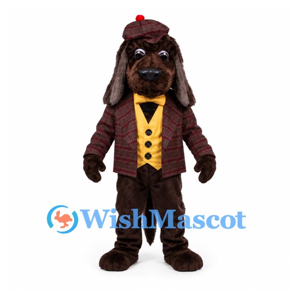 Dog Detective Mascot Costume with Burgundy Plaid Coat and Cap