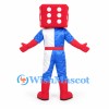 Dice Mascot Costume with Red Cube Head and Blue Suit