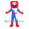 Dice Mascot Costume with Red Cube Head and Blue Suit