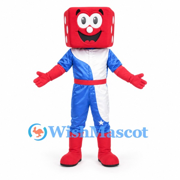 Dice Mascot Costume with Red Cube Head and Blue Suit