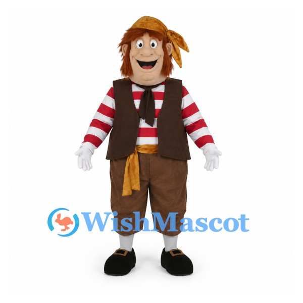Pirate Mascot Costume with Striped Shirt and Brown Vest