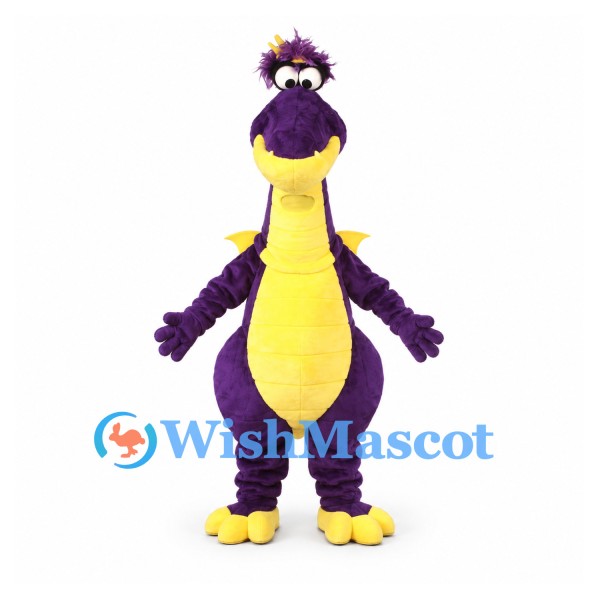 Dragon Mascot Costume in Purple with Yellow Belly and Spots