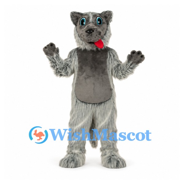 Wolf Mascot Costume in Gray with Shaggy Fur