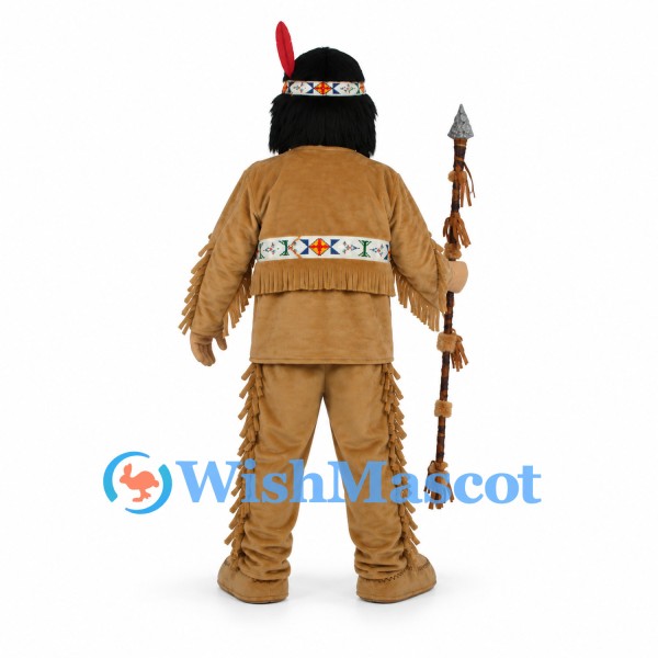 Warrior Mascot Costume with Tan Fringed Outfit and Feather Headband