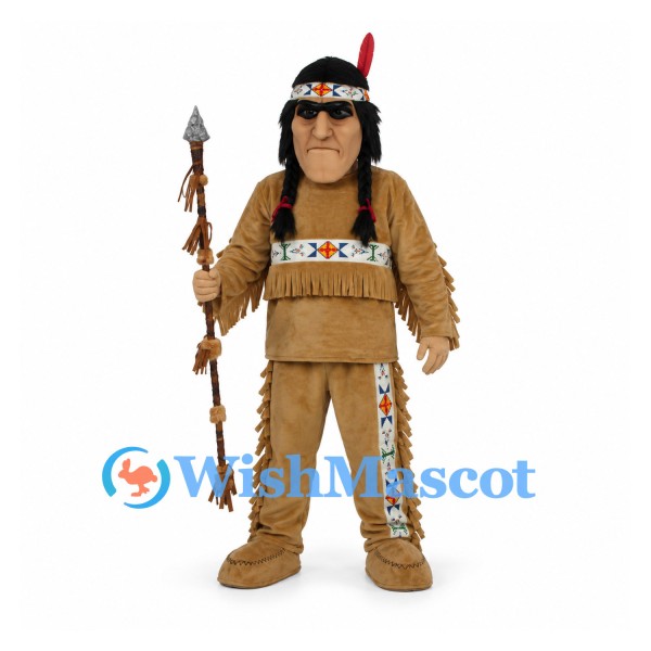 Warrior Mascot Costume with Tan Fringed Outfit and Feather Headband