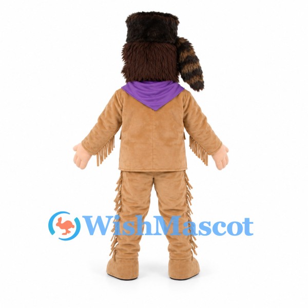 Frontiersman Mascot Costume with Tan Fringed Suit and Purple Scarf