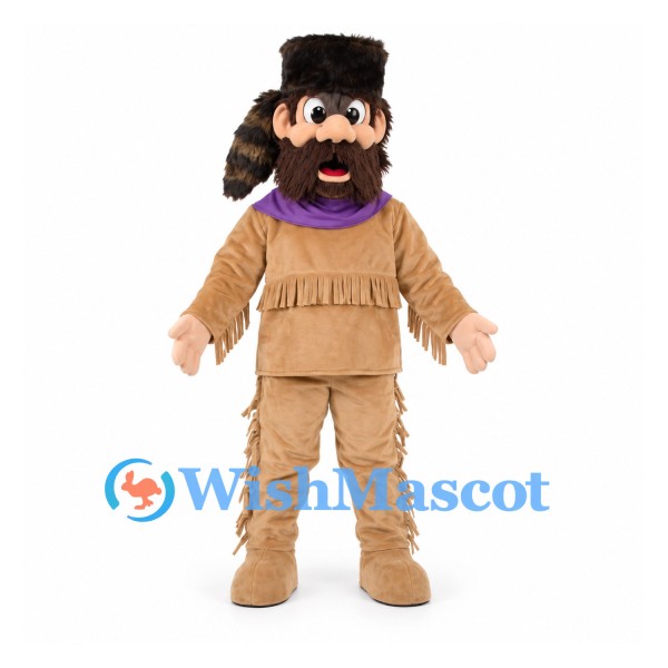 Frontiersman Mascot Costume with Tan Fringed Suit and Purple Scarf