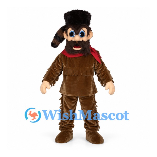 Frontiersman Mascot Costume with Brown Fringed Suit and Fur Cap