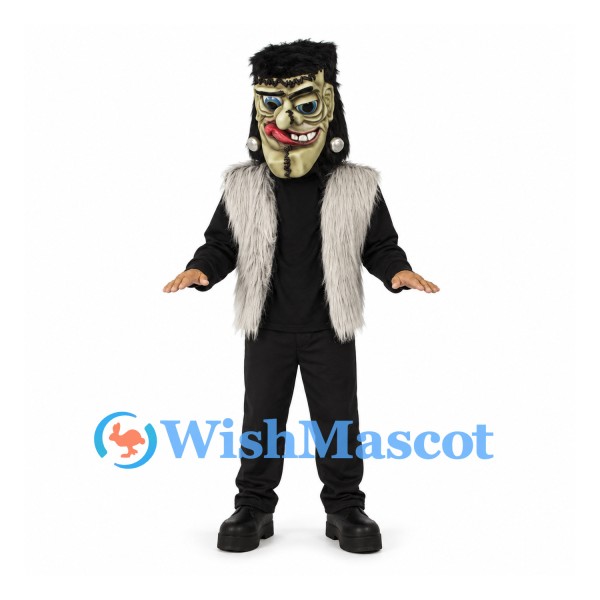 Monster Mascot Costume with Black Outfit and Gray Fur Vest
