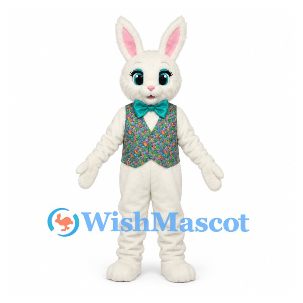 Rabbit Mascot Costume with Floral Vest and Teal Bow