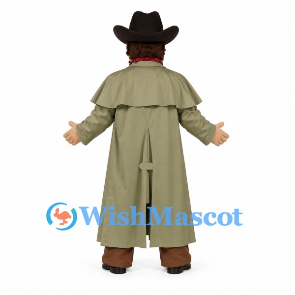 Cowboy Mascot Costume with Long Olive Coat and Black Hat