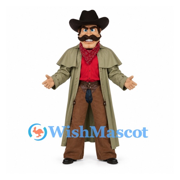 Cowboy Mascot Costume with Long Olive Coat and Black Hat