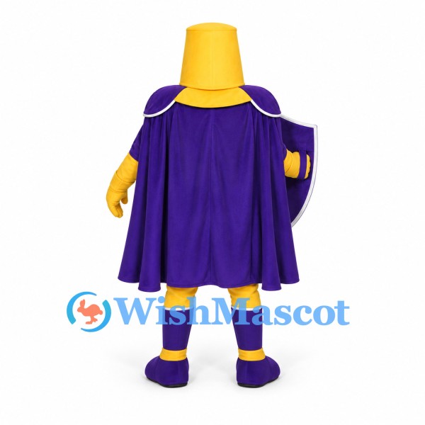 Knight Mascot Costume in Purple with Yellow Helmet and Cape