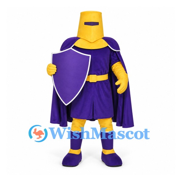 Knight Mascot Costume in Purple with Yellow Helmet and Cape