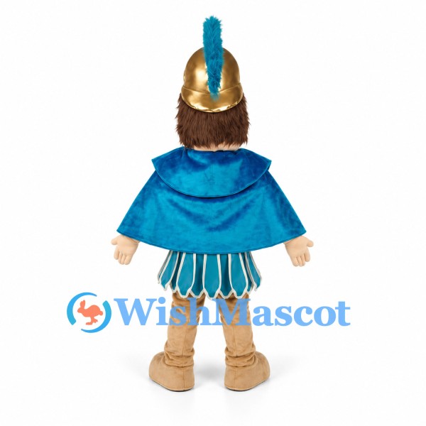 Warrior Girl Mascot Costume with Blue Armor and Gold Helmet