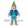 Warrior Girl Mascot Costume with Blue Armor and Gold Helmet