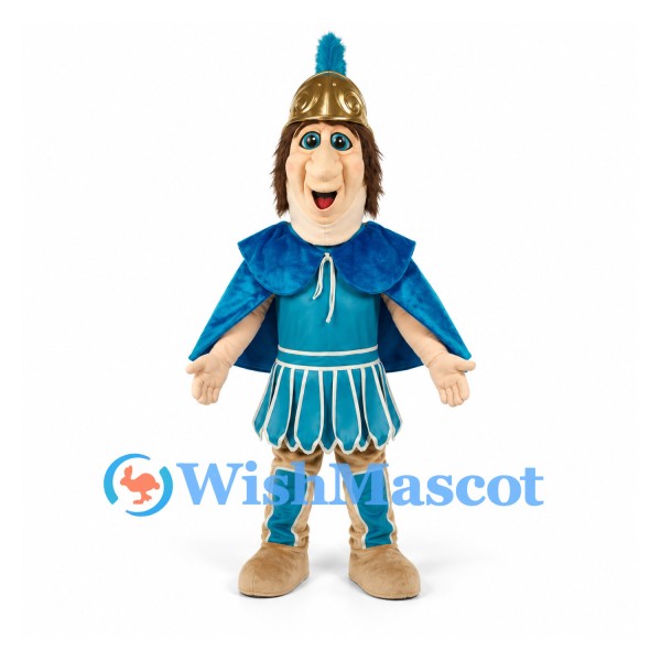 Warrior Girl Mascot Costume with Blue Armor and Gold Helmet