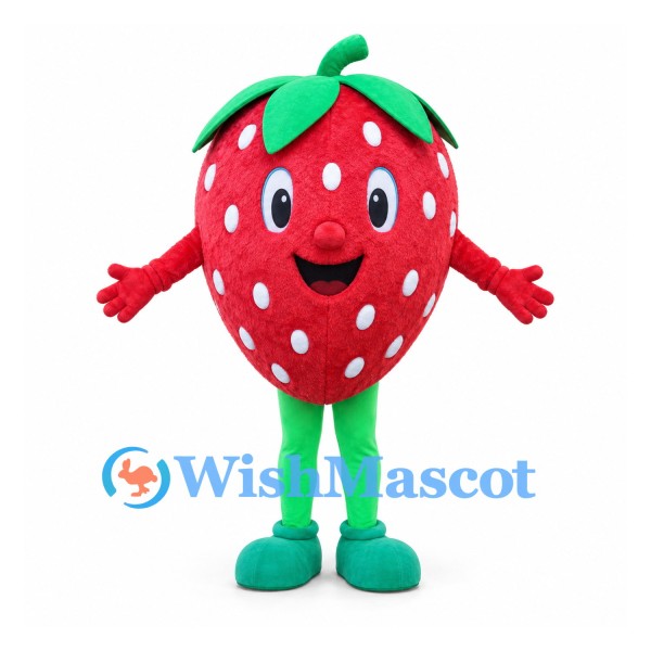 Strawberry Mascot Costume with White Seeds and Green Limbs