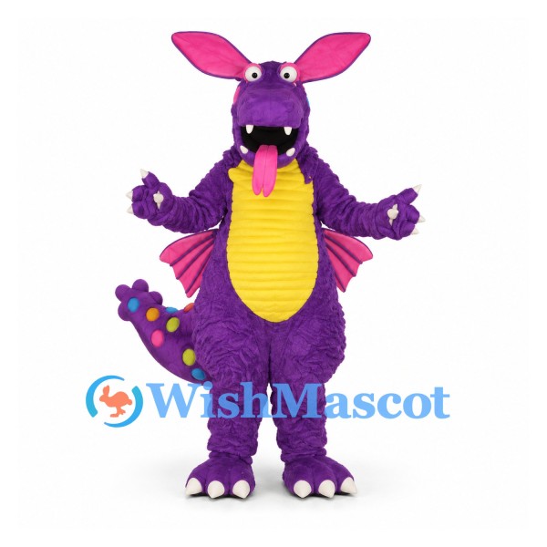 Dragon Mascot Costume in Purple with Yellow Belly and Pink Wings