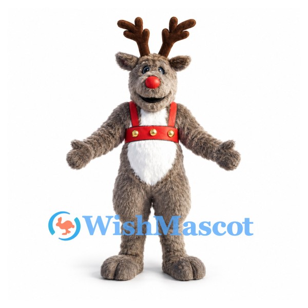 Reindeer Mascot Costume with Red Nose and Bell Collar