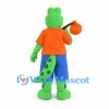 Frog Traveler Mascot Costume with Orange Shirt and Blue Shorts