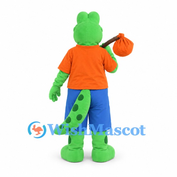 Frog Traveler Mascot Costume with Orange Shirt and Blue Shorts