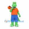 Frog Traveler Mascot Costume with Orange Shirt and Blue Shorts