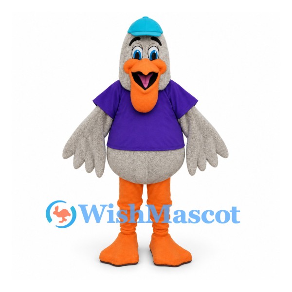 Duck Mascot Costume with Purple Shirt and Blue Cap