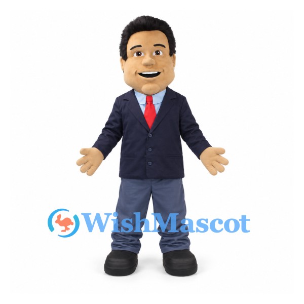 Businessman Mascot Costume with Navy Suit and Red Tie