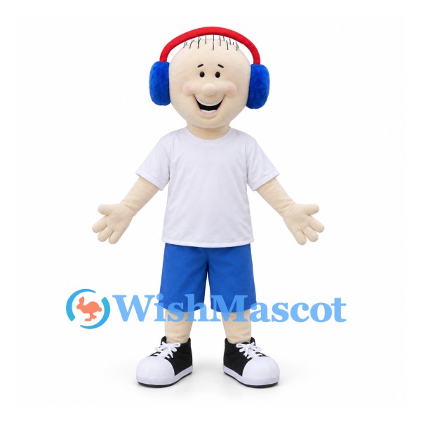 Boy Mascot Costume with Blue Headphones and White Shirt