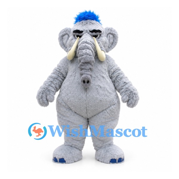 Elephant Mascot Costume in Gray with Blue Hair Tuft