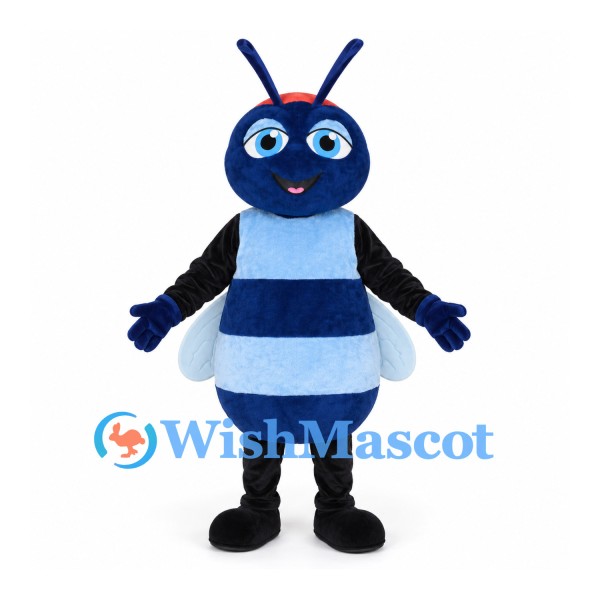 Bee Mascot Costume in Blue with Black Stripes and White Wings