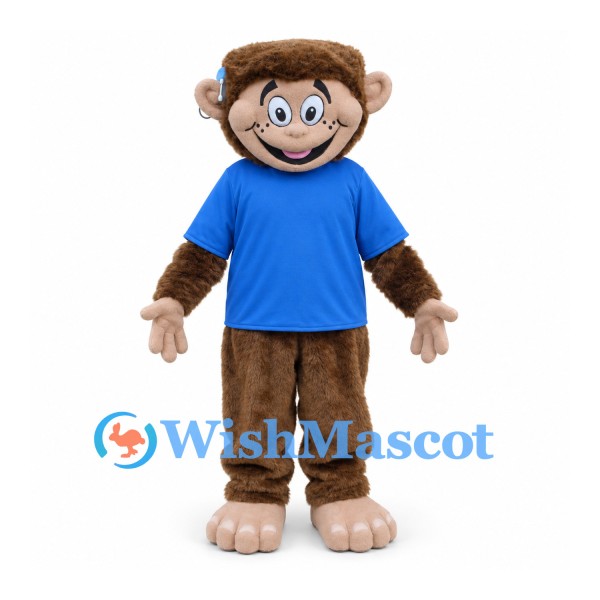 Monkey Mascot Costume with Blue Shirt and Cream Face