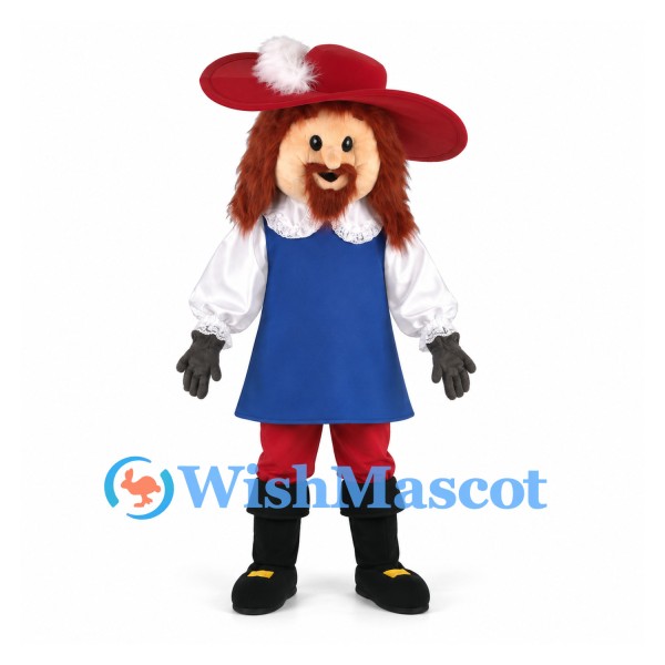 Musketeer Mascot Costume with Red Hat and Blue Tabard