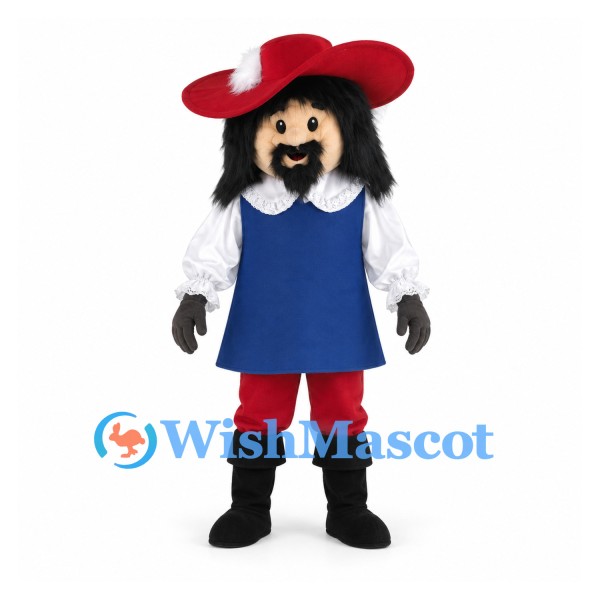 Musketeer Mascot Costume with Black Beard and Red Feathered Hat