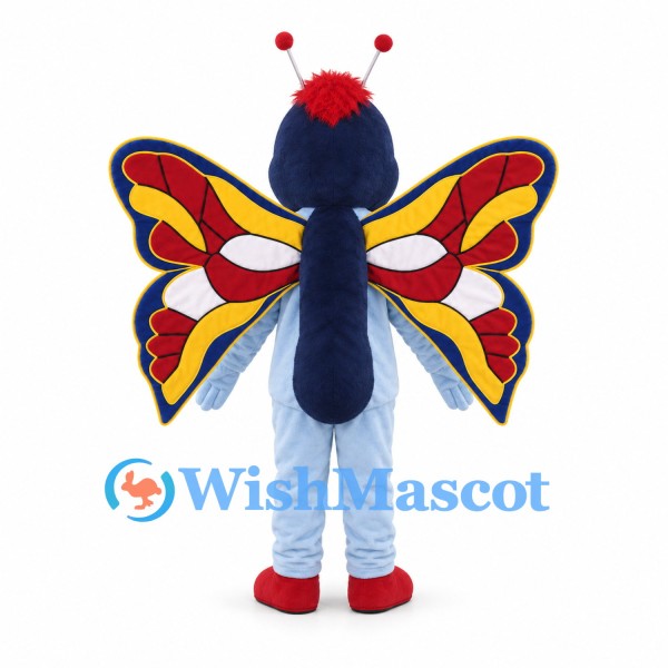 Butterfly Mascot Costume in Blue with Red Yellow Wings