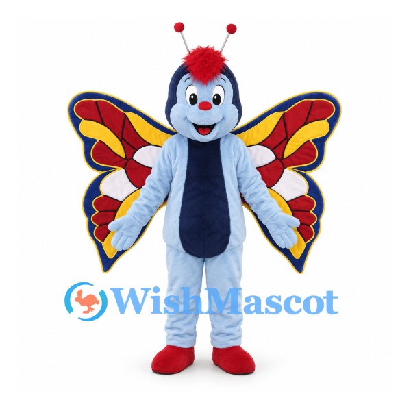 Butterfly Mascot Costume in Blue with Red Yellow Wings
