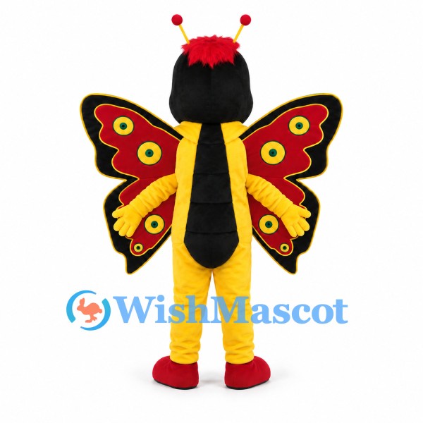 Butterfly Mascot Costume in Yellow with Red Patterned Wings