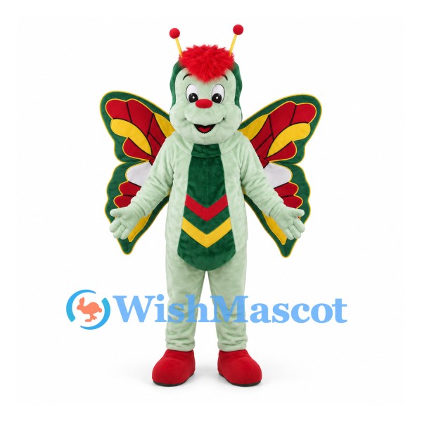 Butterfly Mascot Costume in Green with Red Yellow Wings