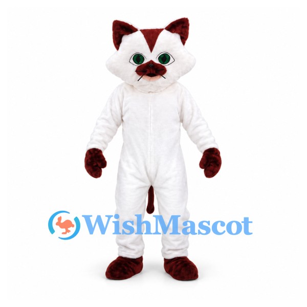 Cat Mascot Costume in White with Brown Ears and Green Eyes
