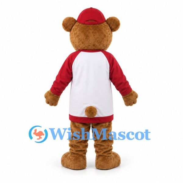 Bear Mascot Costume with Red Cap and White Red Shirt