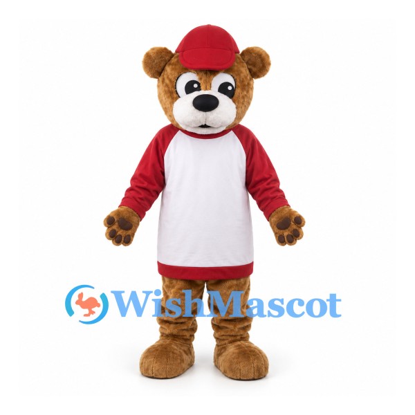 Bear Mascot Costume with Red Cap and White Red Shirt